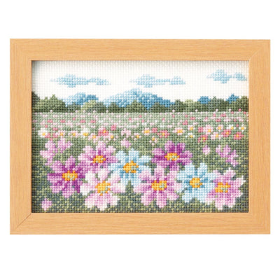 Olympus 12 Month Small Flower Landscape Cross Stitch Kit with Frame, Landscape with Cosmos