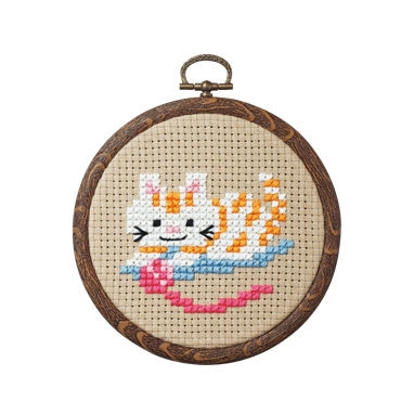 Olympus thread embroidery cross stitch kit with hoop no. 7347 Cat playing with yarn